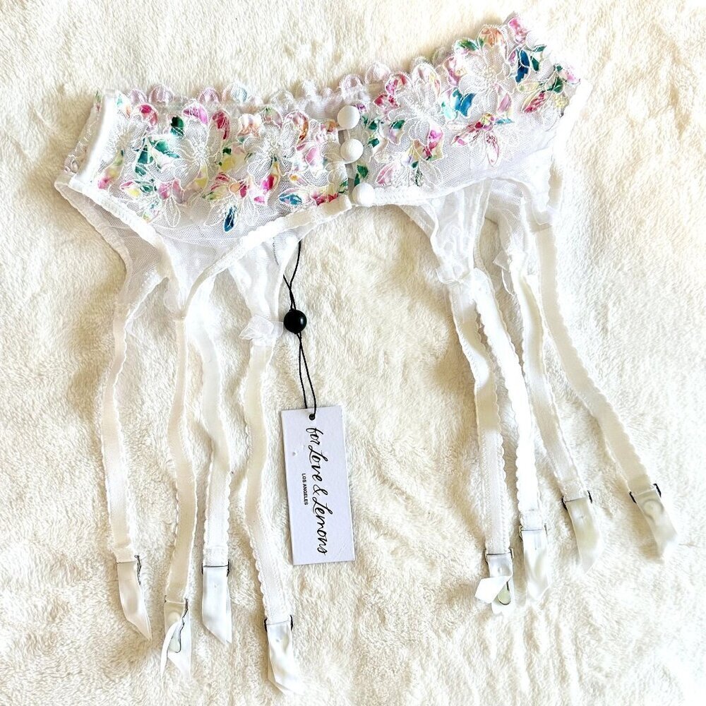 NWT For Love & Lemons White with Rainbow Floral Garter Belt - Extra Small